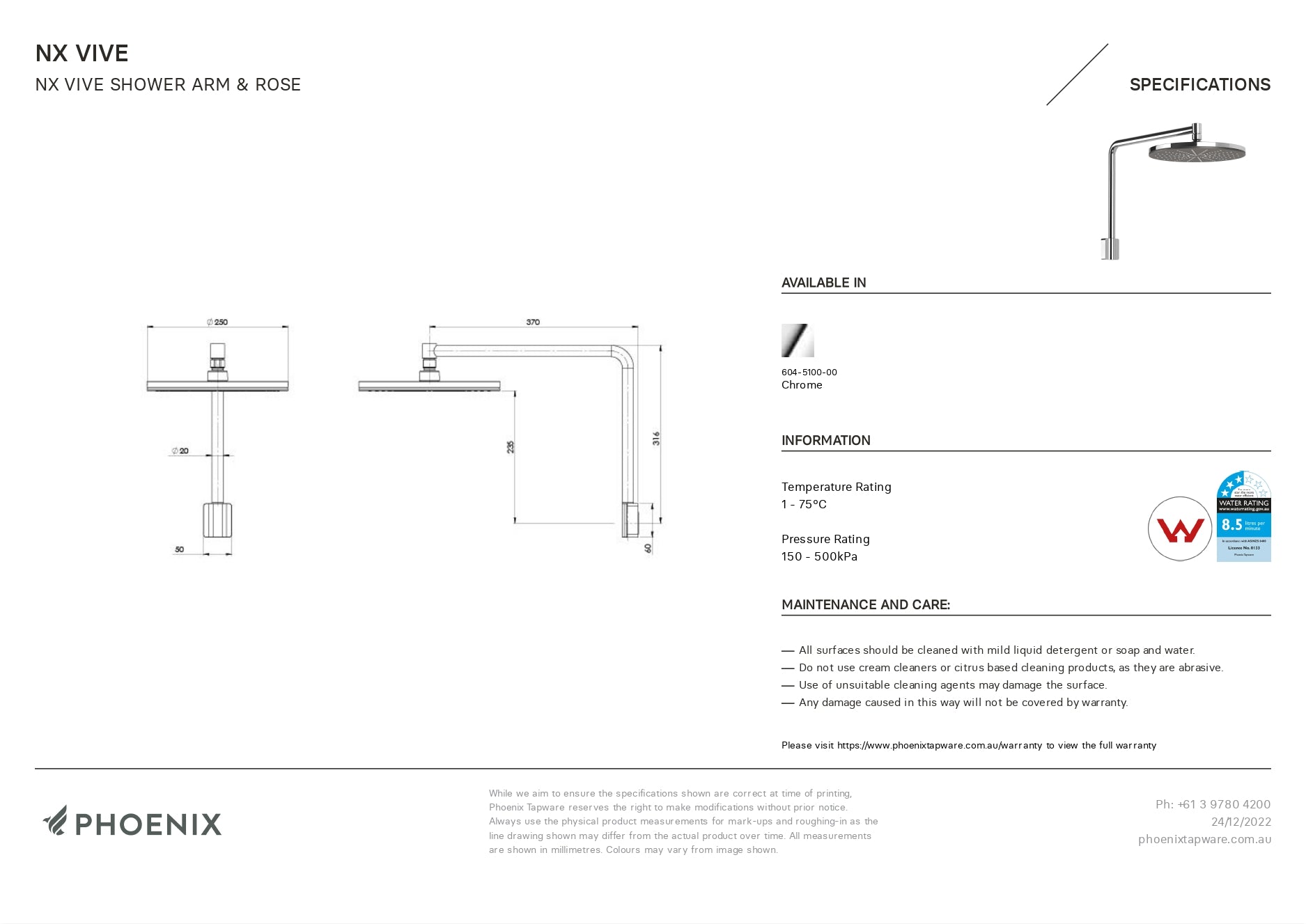 PHOENIX NX VIVE SHOWER ARM AND ROSE 250MM CHROME