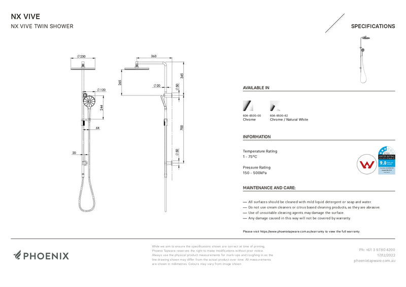 PHOENIX NX VIVE TWIN SHOWER CHROME AND WHITE