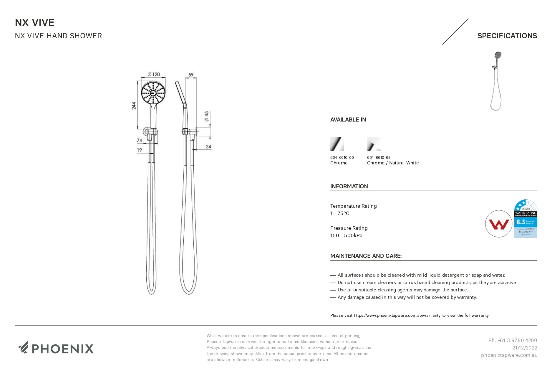 PHOENIX NX VIVE HAND SHOWER CHROME