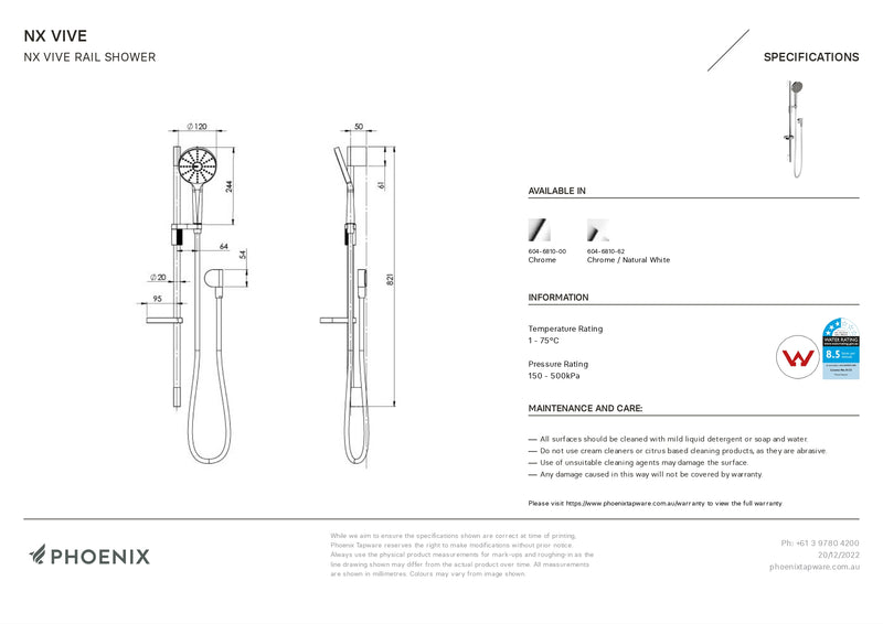PHOENIX NX VIVE RAIL SHOWER CHROME AND WHITE