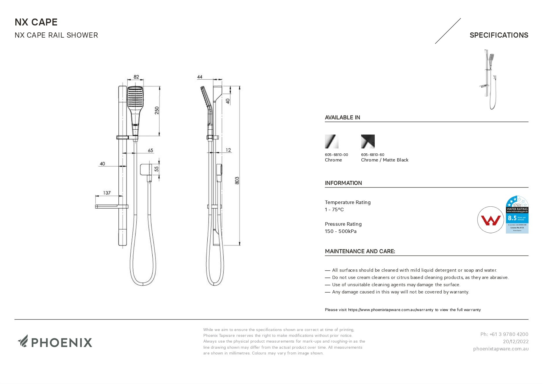 PHOENIX NX CAPE RAIL SHOWER CHROME AND MATTE BLACK
