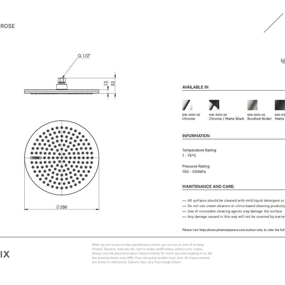 PHOENIX NX QUIL SHOWER ROSE 250MM BRUSHED NICKEL