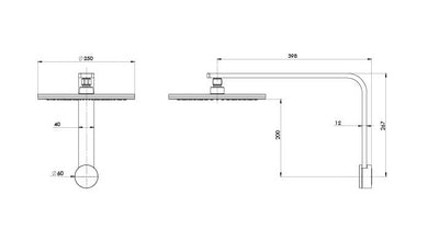 PHOENIX NX QUIL SHOWER ARM AND ROSE 250MM CHROME AND MATTE BLACK