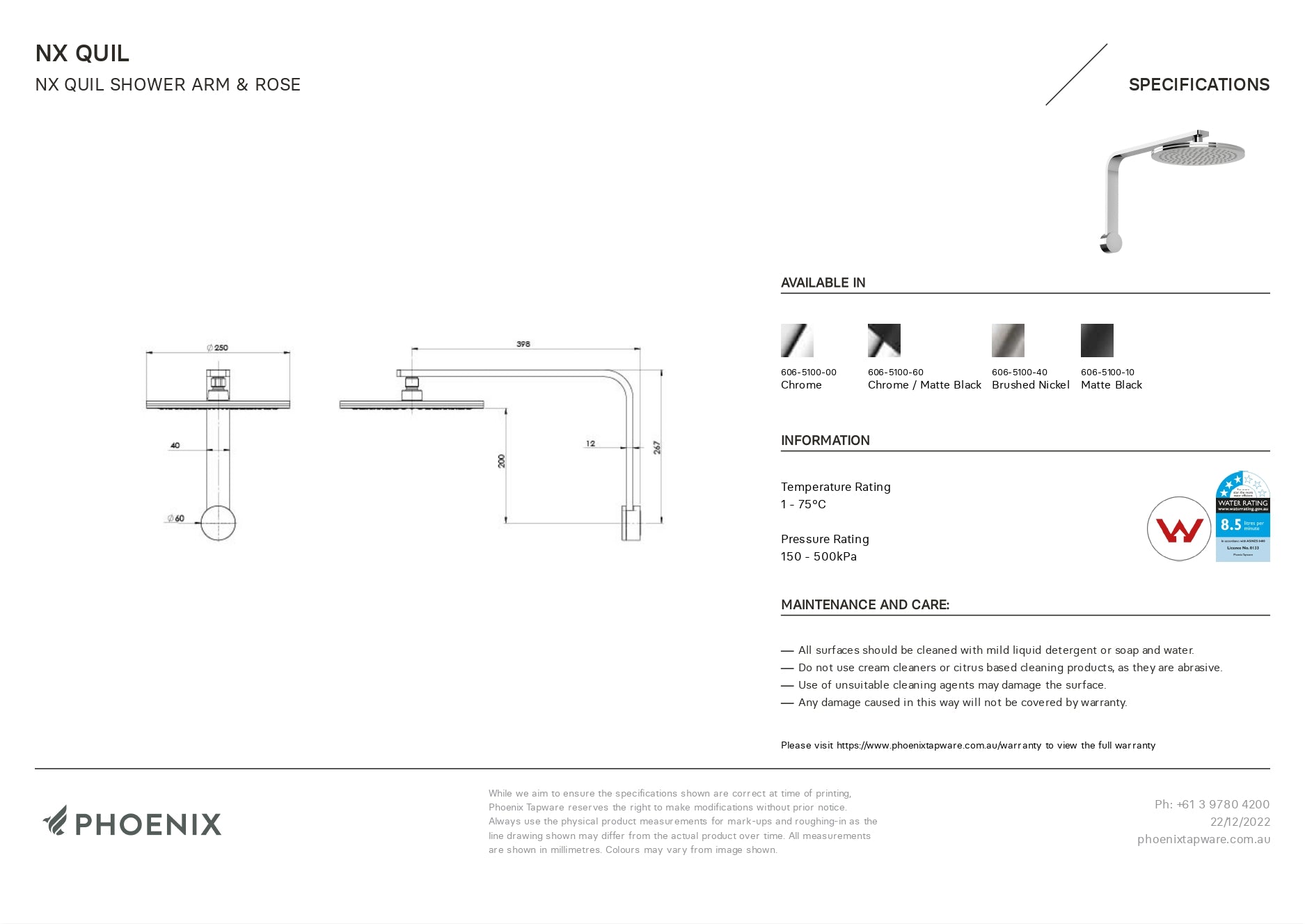 PHOENIX NX QUIL SHOWER ARM AND ROSE 250MM CHROME AND MATTE BLACK
