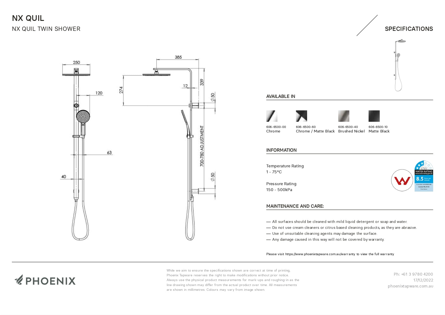 PHOENIX NX QUIL TWIN SHOWER BRUSHED NICKEL