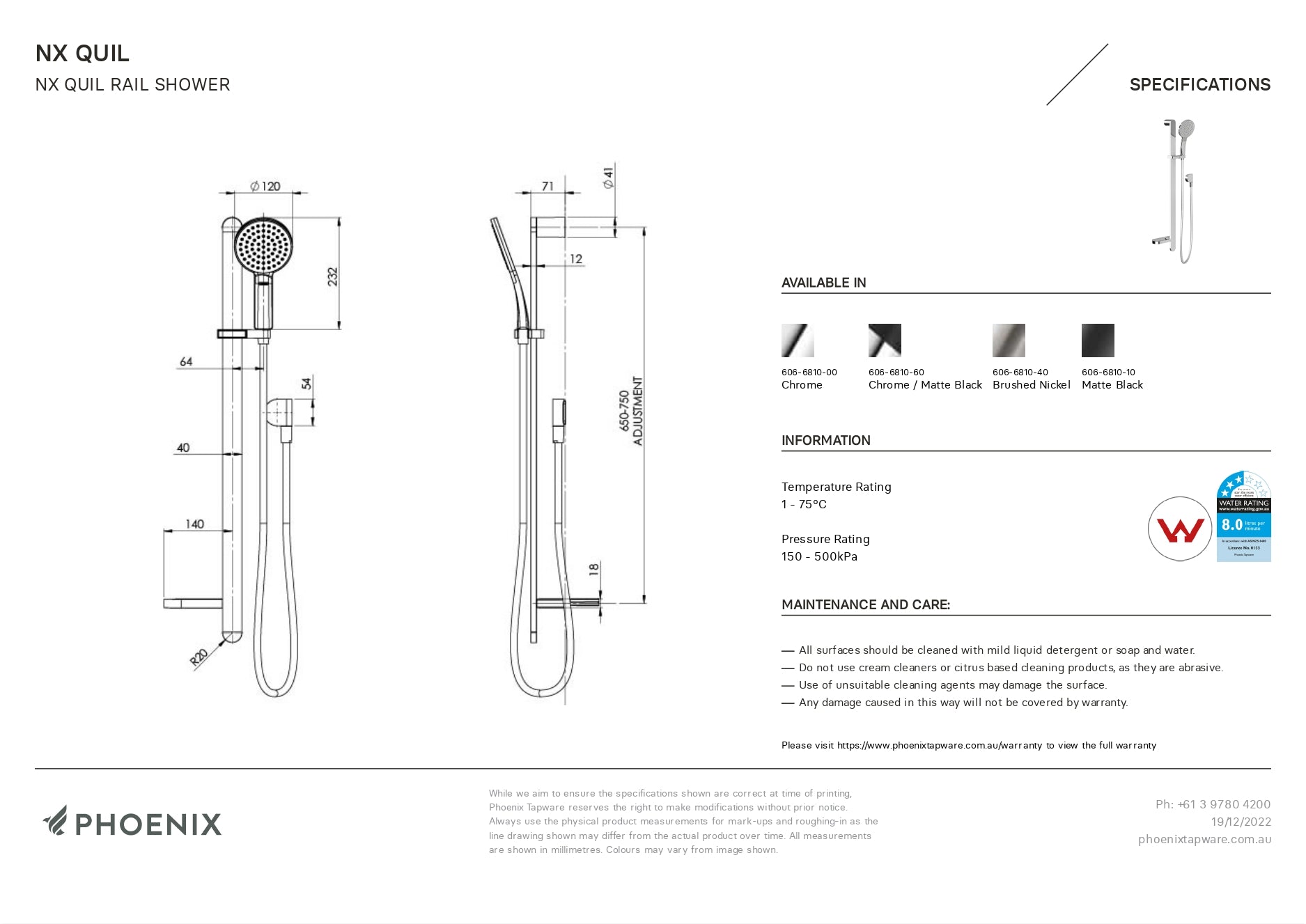 PHOENIX NX QUIL RAIL SHOWER MATTE BLACK