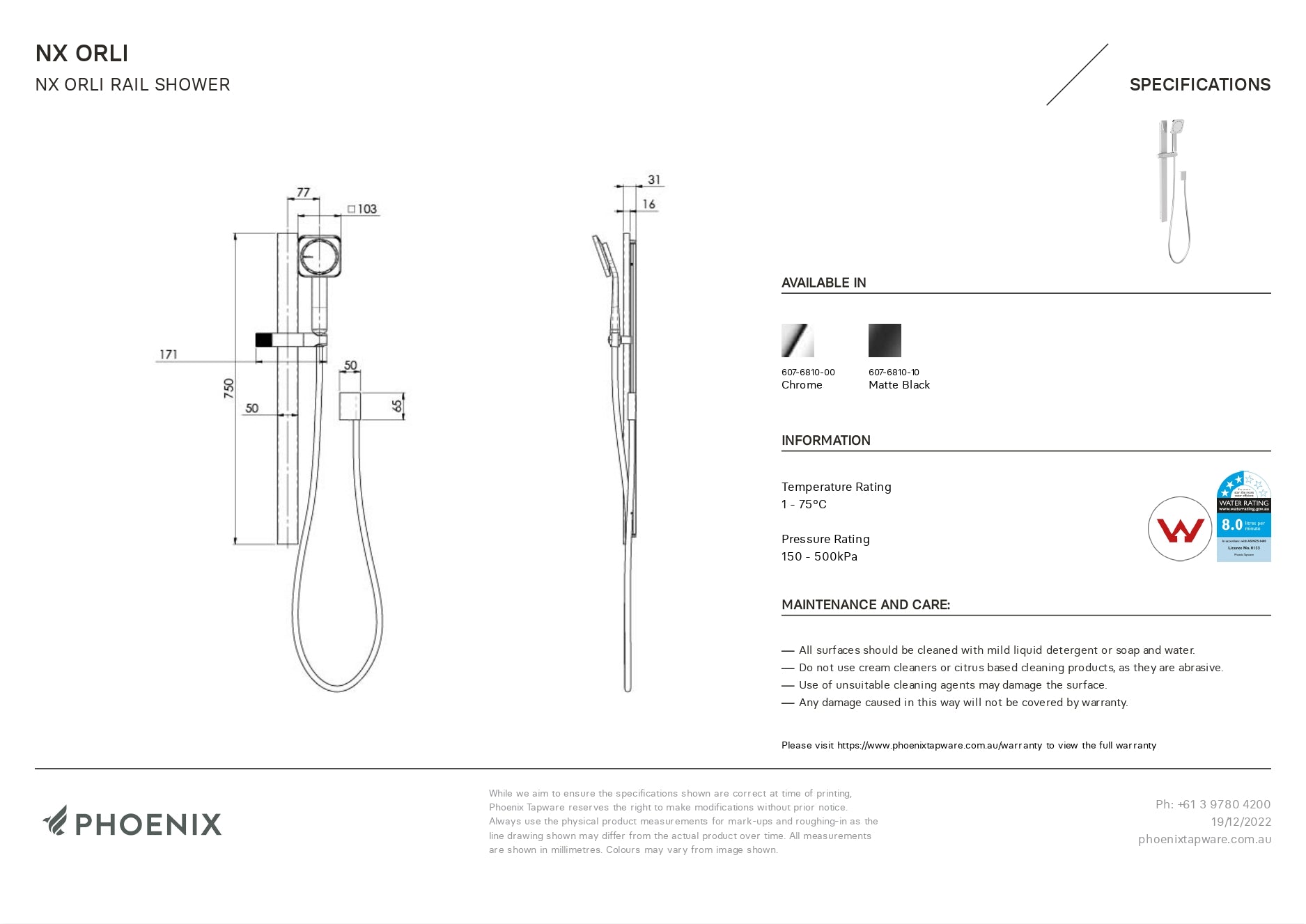 PHOENIX NX ORLI WITH HYDROSENSE RAIL SHOWER CHROME