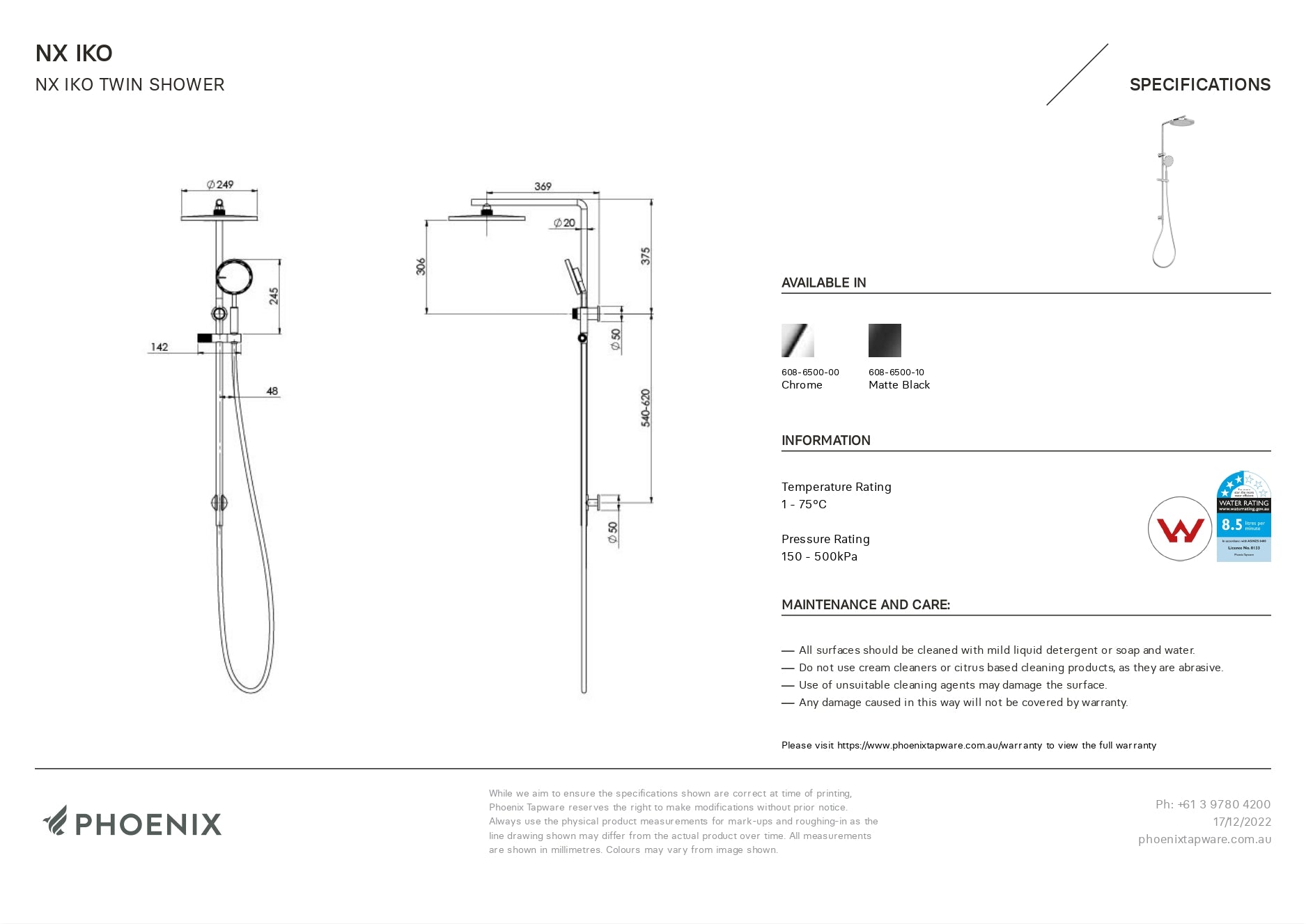 PHOENIX NX IKO WITH HYDROSENSE TWIN SHOWER CHROME