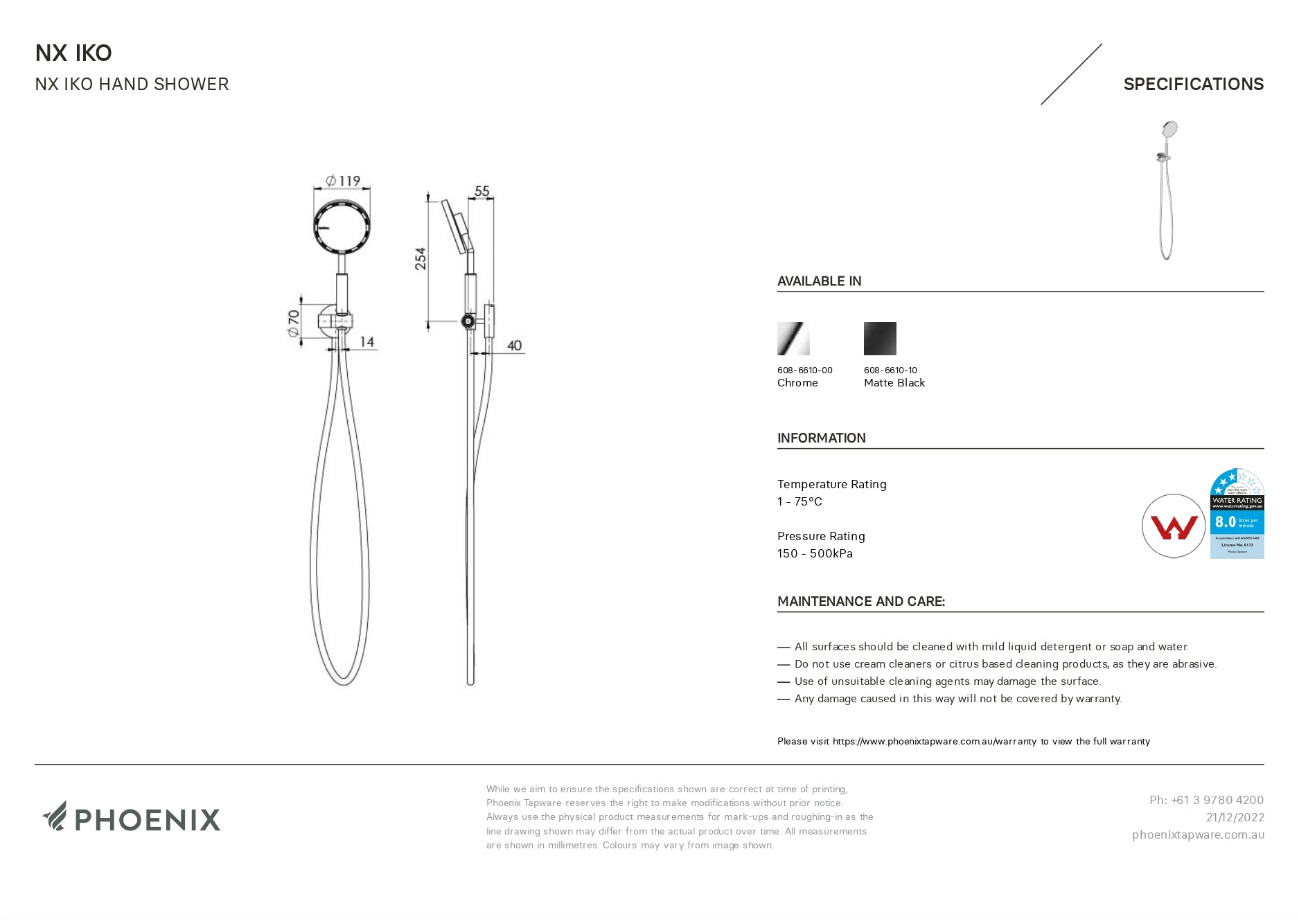 PHOENIX NX IKO WITH HYDROSENSE HAND SHOWER CHROME