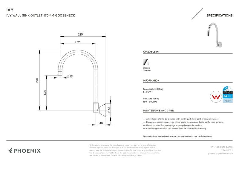 PHOENIX IVY WALL SINK OUTLET 170MM GOOSENECK CHROME