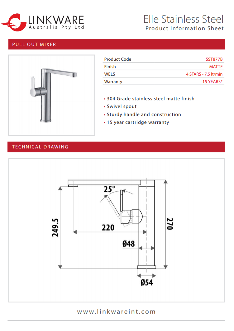 LINKWARE ELLE STAINLESS STEEL NOBLE SINK MIXER 270MM CHROME