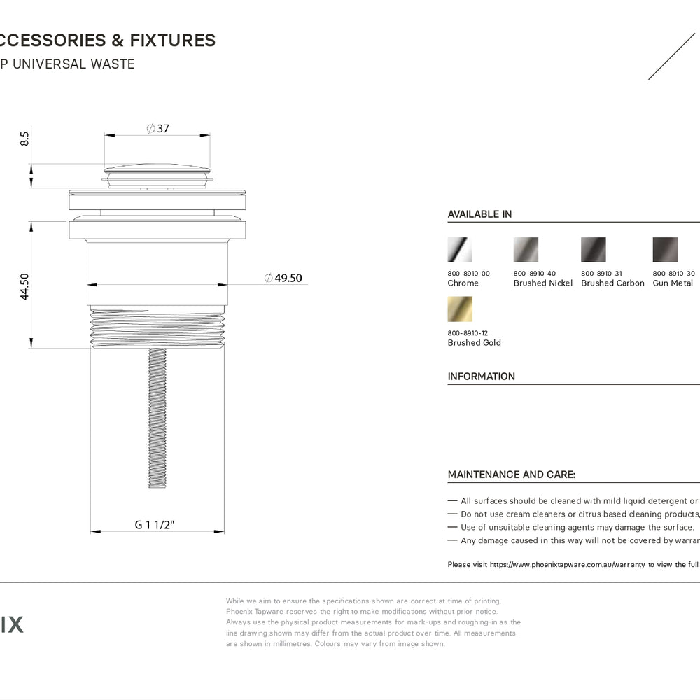 PHOENIX FLAT POP-UP UNIVERSAL WASTE BRUSHED NICKEL 40MM