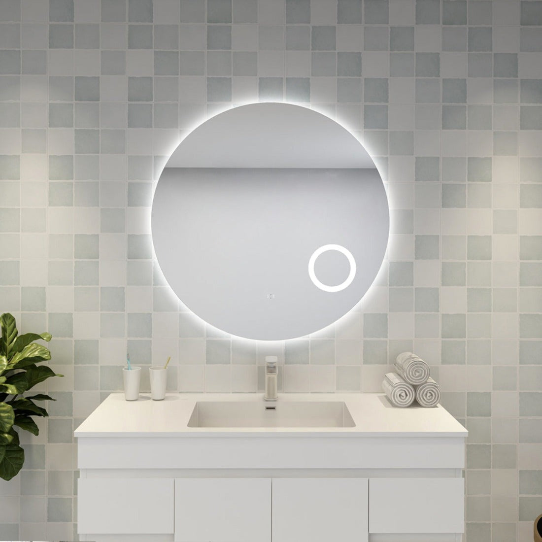 POSEIDON ROUND BACKLIT LED MIRROR WITH MAGNIFIER 3 COLOUR LIGHTS 900MM