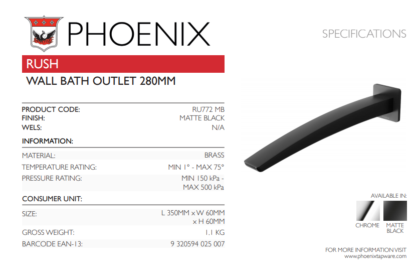 PHOENIX RUSH WALL BATH OUTLET 280MM MATTE BLACK