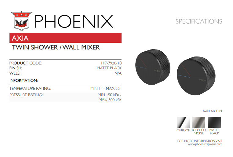 PHOENIX AXIA TWIN SHOWER WALL MIXER MATTE BLACK