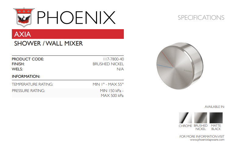 PHOENIX AXIA LEAD FREE SHOWER / WALL MIXER BRUSHED NICKEL
