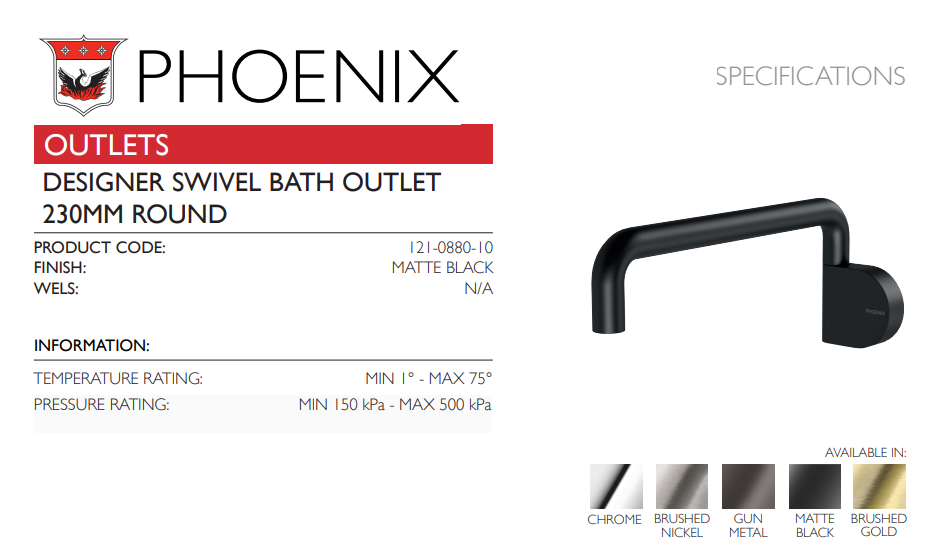 PHOENIX DESIGNER SWIVEL BATH OUTLET MATTE BLACK