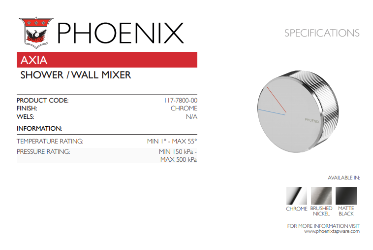 PHOENIX AXIA SHOWER WALL MIXER CHROME