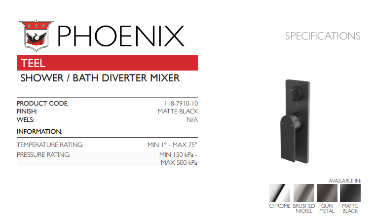 PHOENIX TEEL SHOWER / BATH DIVERTER MIXER MATTE BLACK