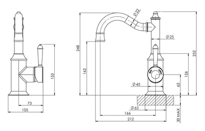 PHOENIX NOSTALGIA LEAD FREE BASIN MIXER 160MM SHEPHERDS CROOK BRUSHED NICKEL