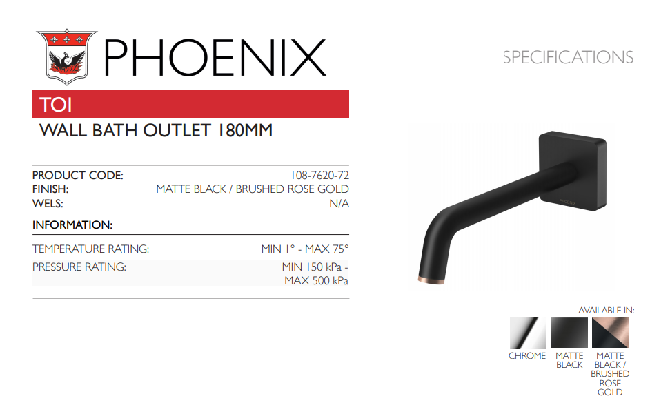 PHOENIX TOI WALL BATH OUTLET 180MM MATTE BLACK AND BRUSHED ROSE GOLD