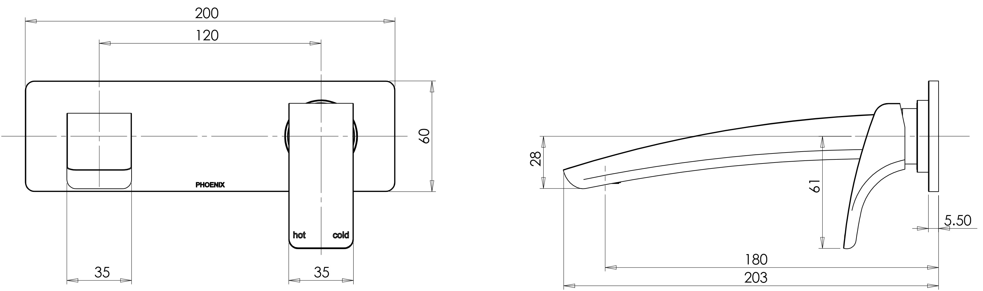 PHOENIX RUSH WALL BATH MIXER SET 180MM MATTE BLACK