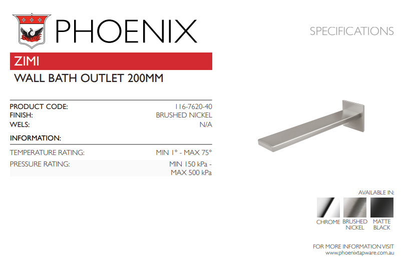 PHOENIX ZIMI WALL BATH OUTLET 200MM BRUSHED NICKEL