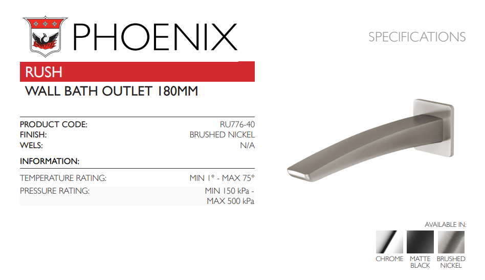PHOENIX RUSH WALL BATH OUTLET 180MM BRUSHED NICKEL