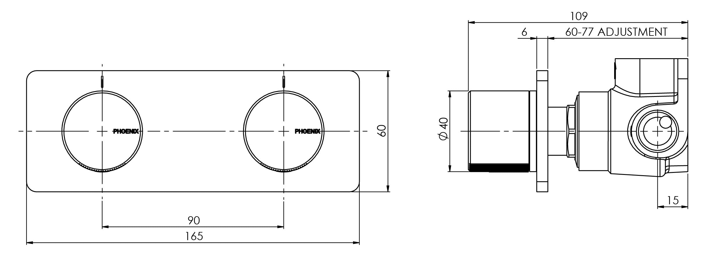 PHOENIX TOI TWIN SHOWER / WALL MIXER 165MM CHROME AND MATTE BLACK