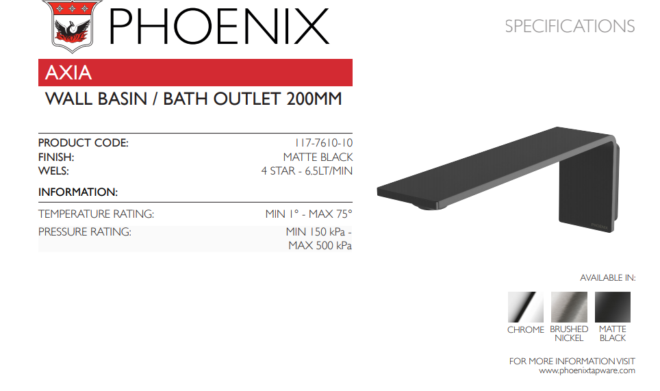 PHOENIX AXIA WALL BASIN / BATH OUTLET 200MM MATTE BLACK