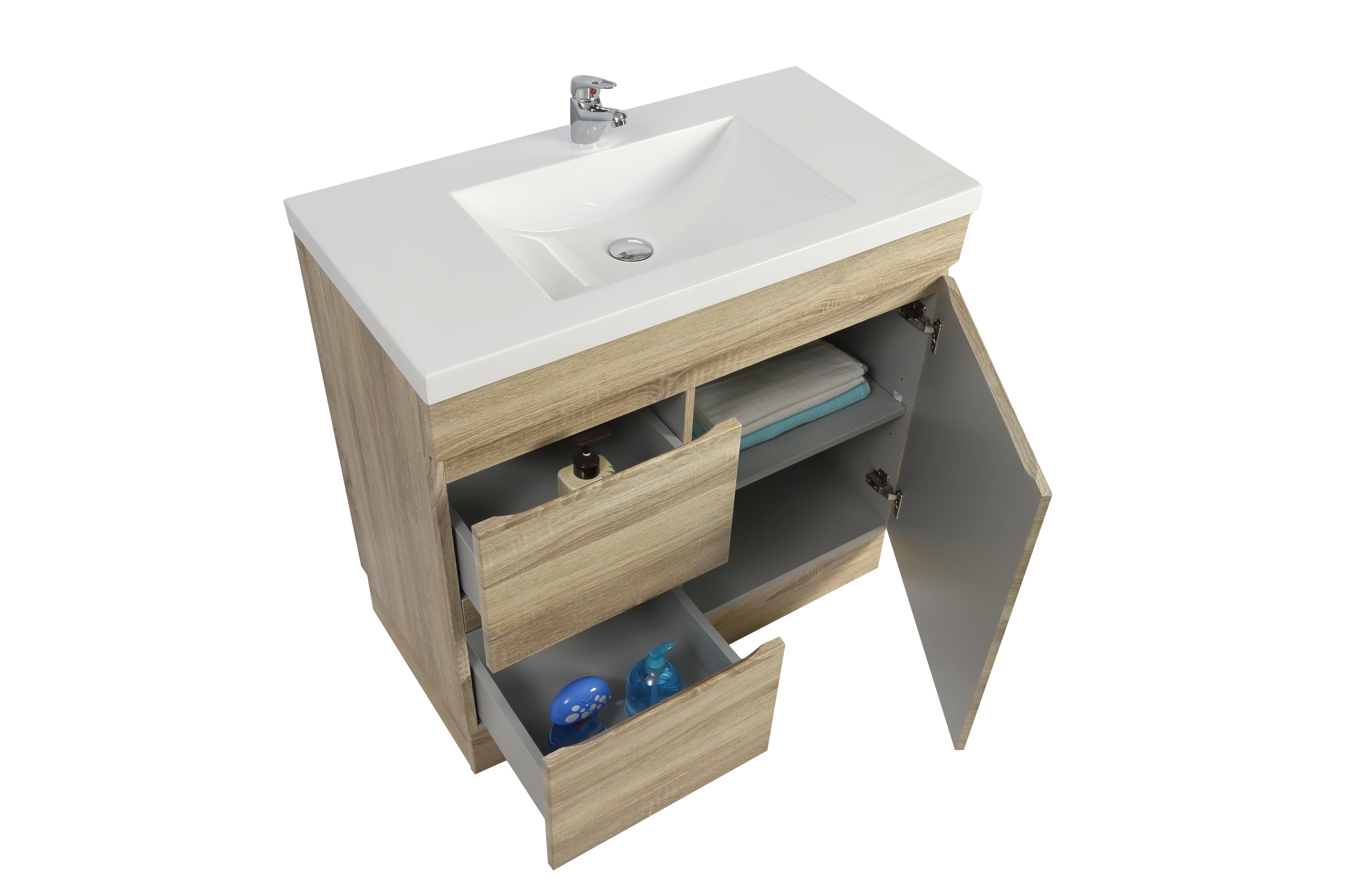 POSEIDON WHITE OAK 750MM SPACE SAVING SINGLE BOWL FLOOR STANDING VANITY (AVAILABLE IN LEFT AND RIGHT HAND DRAWER)