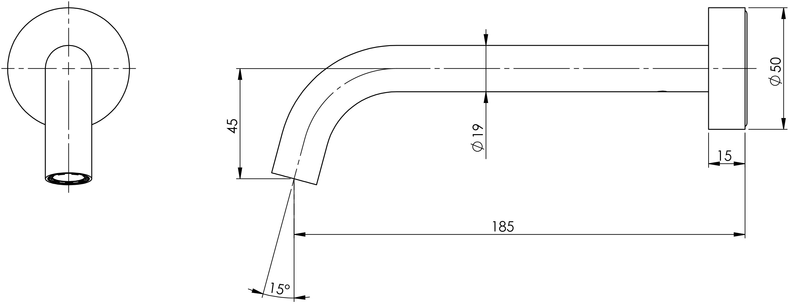 PHOENIX VIVID SLIMLINE WALL BASIN OUTLET 180MM CURVED BRUSHED NICKEL