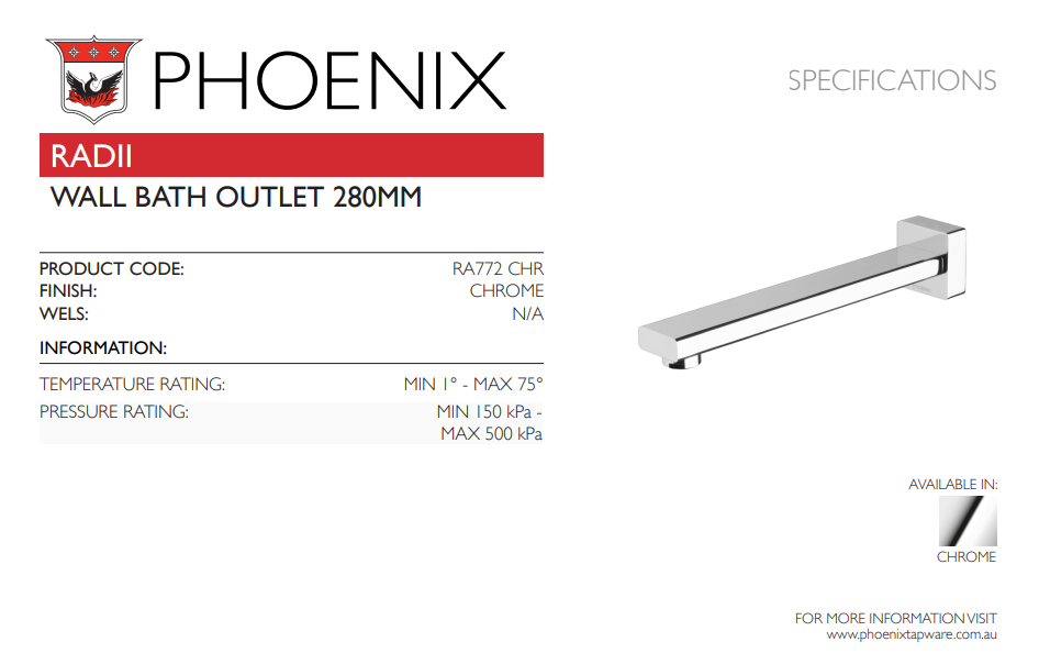 PHOENIX RADII WALL BATH OUTLET 280MM CHROME