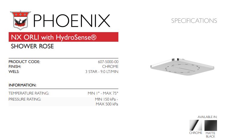 PHOENIX NX ORLI WITH HYDROSENSE SHOWER ROSE CHROME 288MM X 208MM