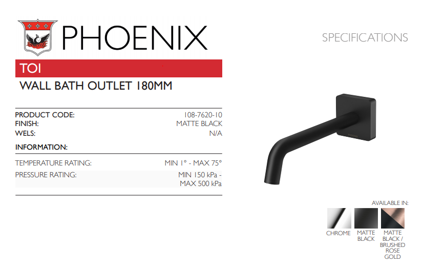 PHOENIX TOI WALL BATH OUTLET 190MM MATTE BLACK