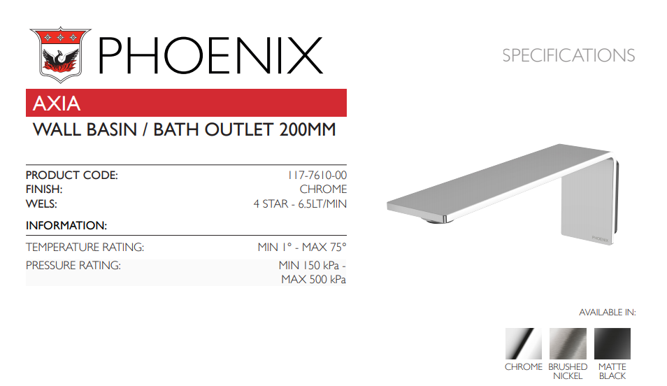 PHOENIX AXIA WALL BASIN / BATH OUTLET 200MM CHROME