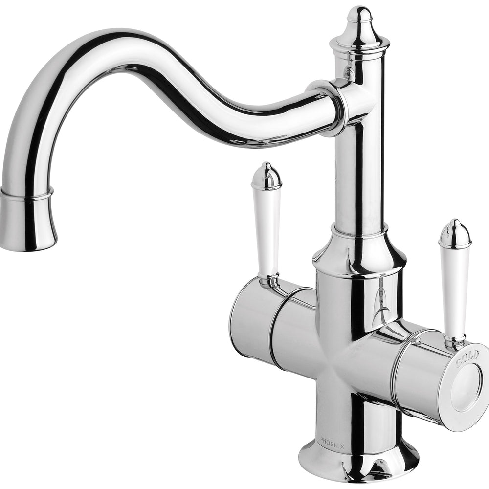 PHOENIX NOSTALGIA TWIN HANDLE SHEPHERDS CROOK SINK MIXER 276MM CHROME AND WHITE