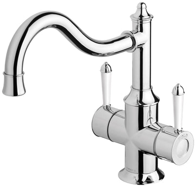 PHOENIX NOSTALGIA TWIN HANDLE SHEPHERDS CROOK SINK MIXER 276MM CHROME AND WHITE