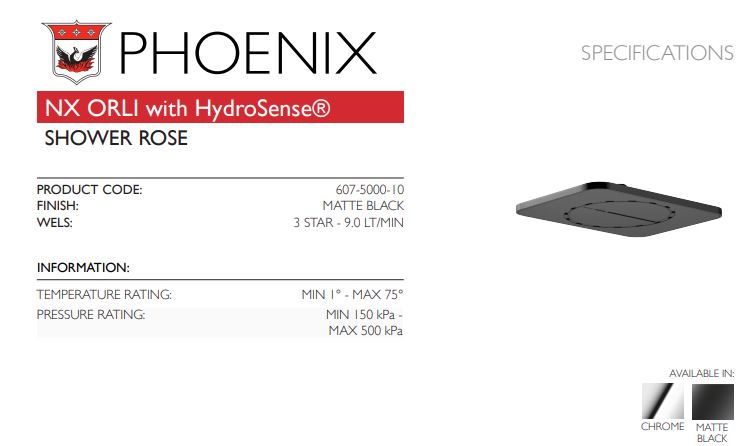 PHOENIX NX ORLI WITH HYDROSENSE SHOWER ROSE MATTE BLACK 288MM X 208MM