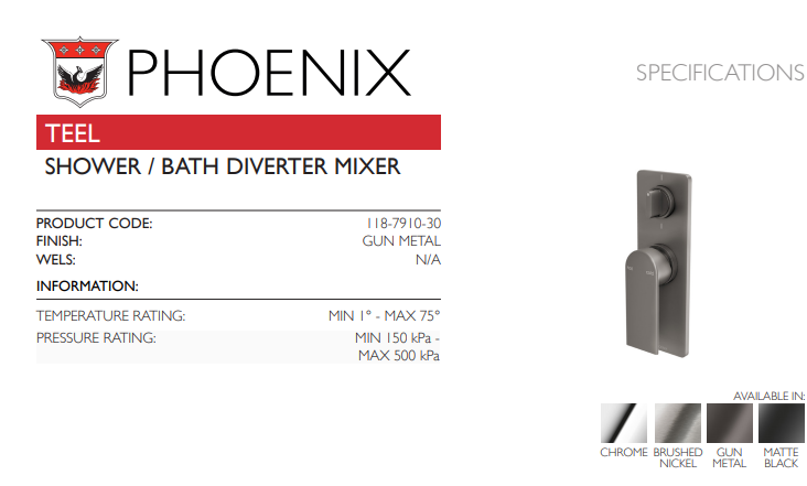 PHOENIX TEEL SHOWER / BATH DIVERTER MIXER GUN METAL