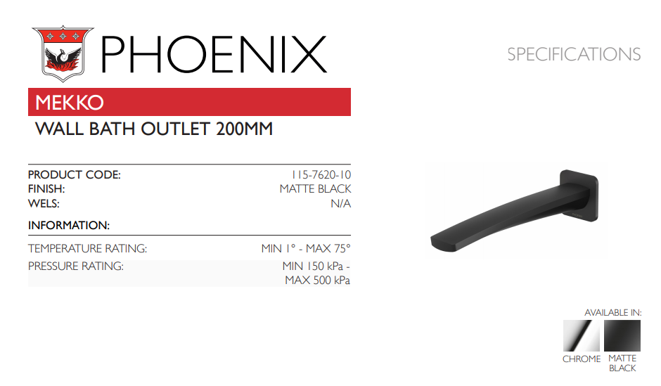 PHOENIX MEKKO WALL BATH OUTLET 200MM MATTE BLACK