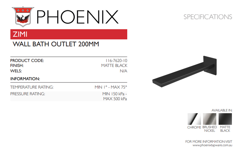 PHOENIX ZIMI WALL BATH OUTLET 200MM MATTE BLACK