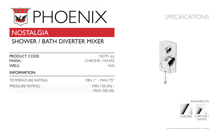 PHOENIX NOSTALGIA SHOWER / BATH DIVERTER MIXER CHROME AND WHITE