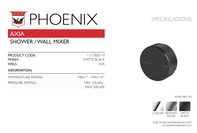PHOENIX AXIA SHOWER WALL MIXER MATTE BLACK