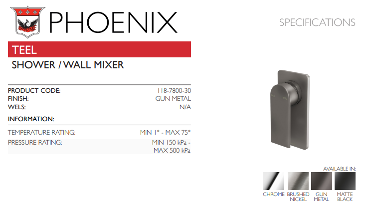 PHOENIX TEEL SHOWER  WALL MIXER GUN METAL