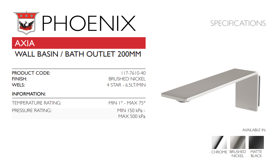 PHOENIX AXIA WALL BASIN / BATH OUTLET 200MM BRUSHED NICKEL
