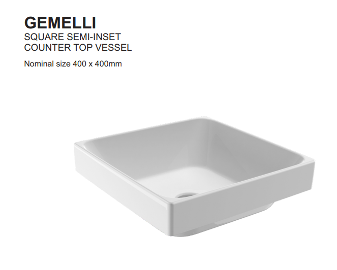 JOHNSON SUISSE GEMELLI SQUARE SEMI-INSET BASINS WHITE 400MM