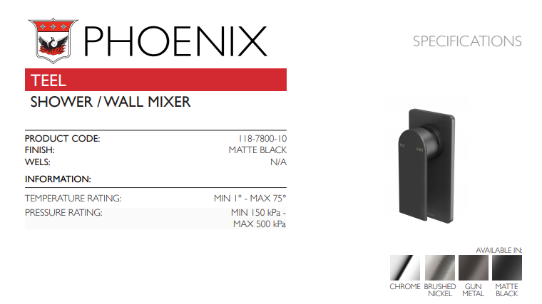 PHOENIX TEEL SHOWER  WALL MIXER MATTE BLACK