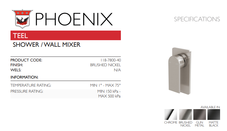 PHOENIX TEEL SHOWER WALL MIXER 125MM BRUSHED NICKEL
