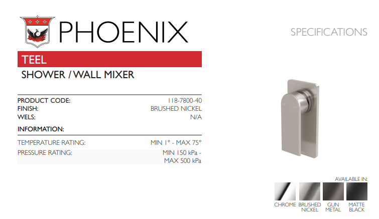 PHOENIX TEEL SHOWER  WALL MIXER BRUSHED NICKEL